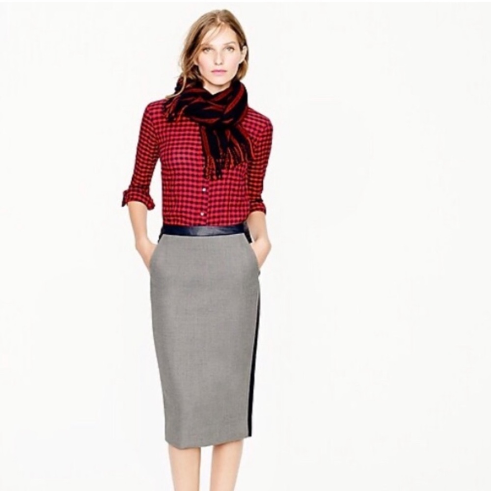 J.Crew Women’s Gray Wool Navy Leather Pencil Skirt Size 6 NWOT